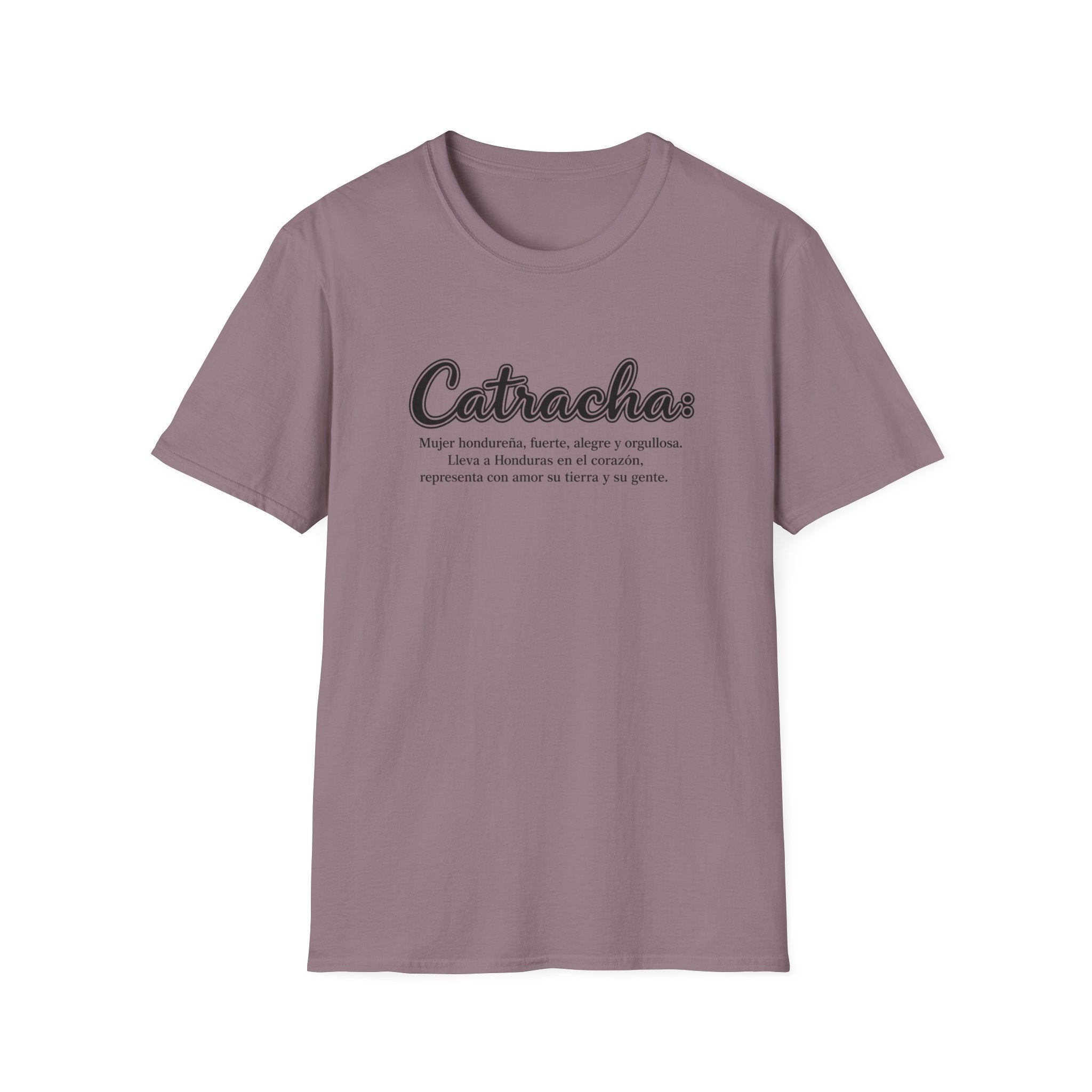 Mauve t-shirt with 'Catracha' text on a white background