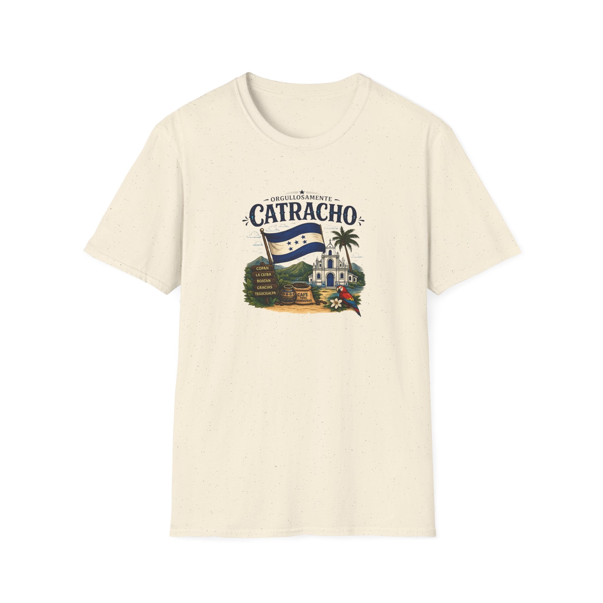 Beige t-shirt with 'Catracho' text on a white background