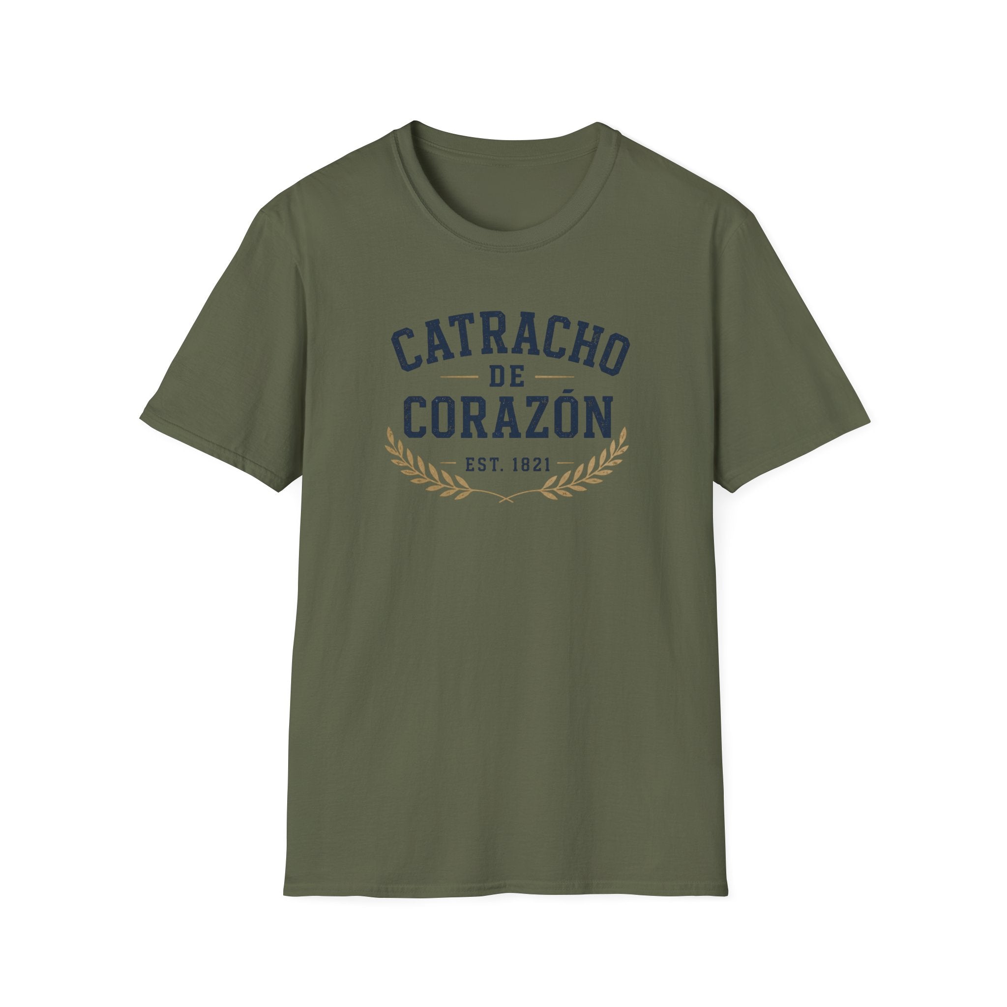 Green t-shirt with 'Catracho de Corazon' text on a white background