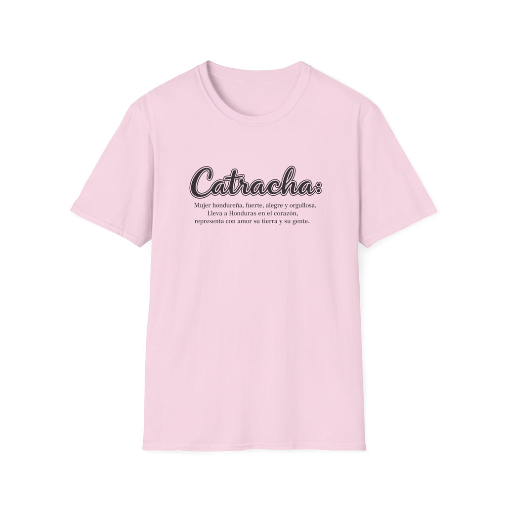 Pink t-shirt with 'Catracha' text on a white background