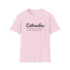 Pink t-shirt with 'Catracha' text on a white background