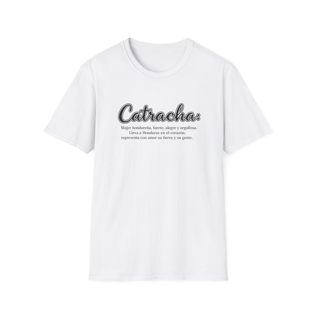 White t-shirt with 'Catracha' text on a white background