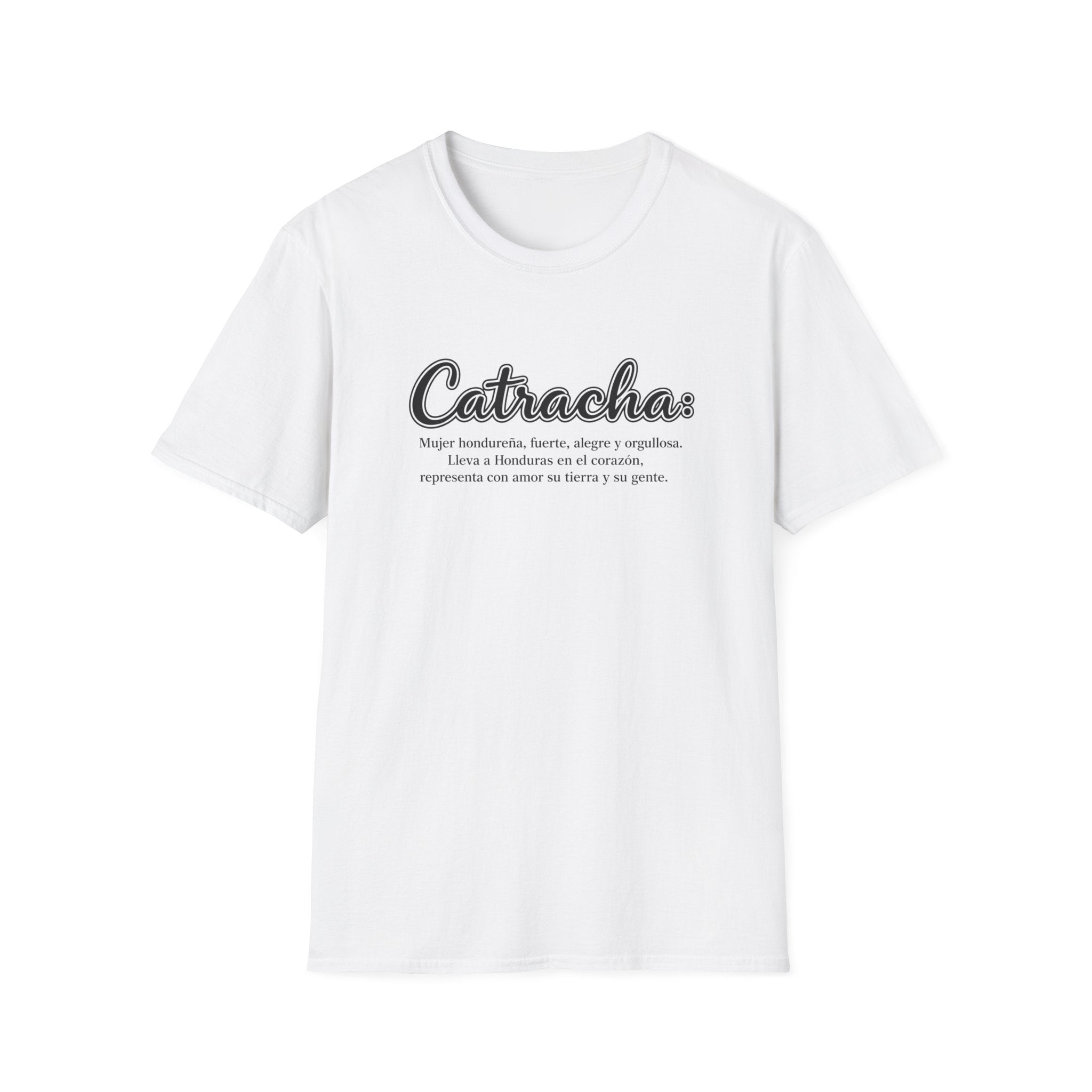 White t-shirt with 'Catracha' text on a white background