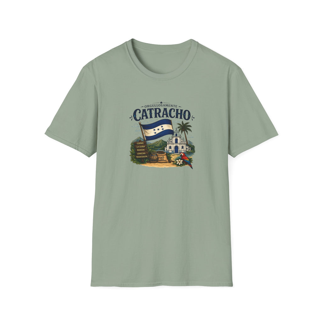 Green t-shirt with 'Catracho' text on a white background