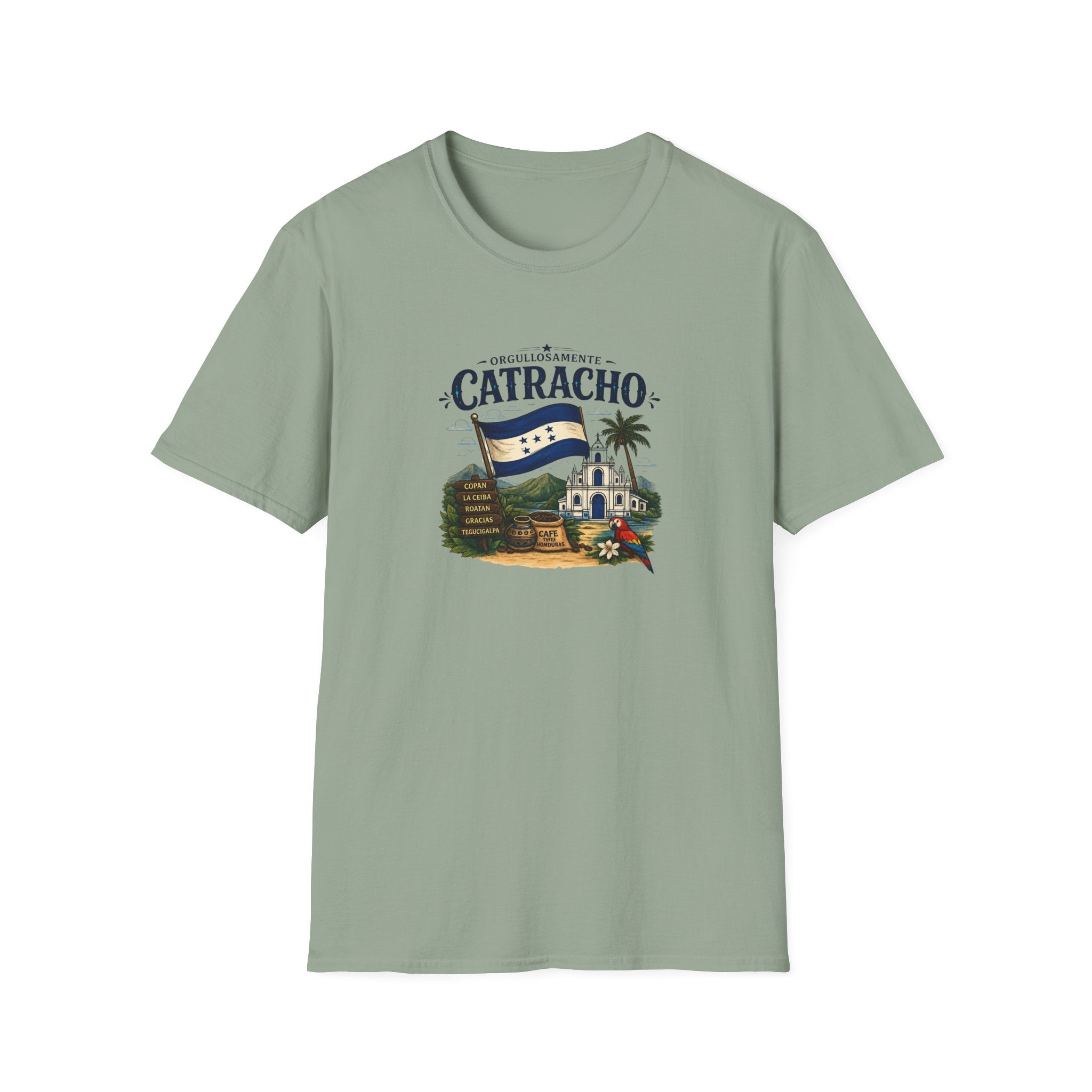 Green t-shirt with 'Catracho' text on a white background
