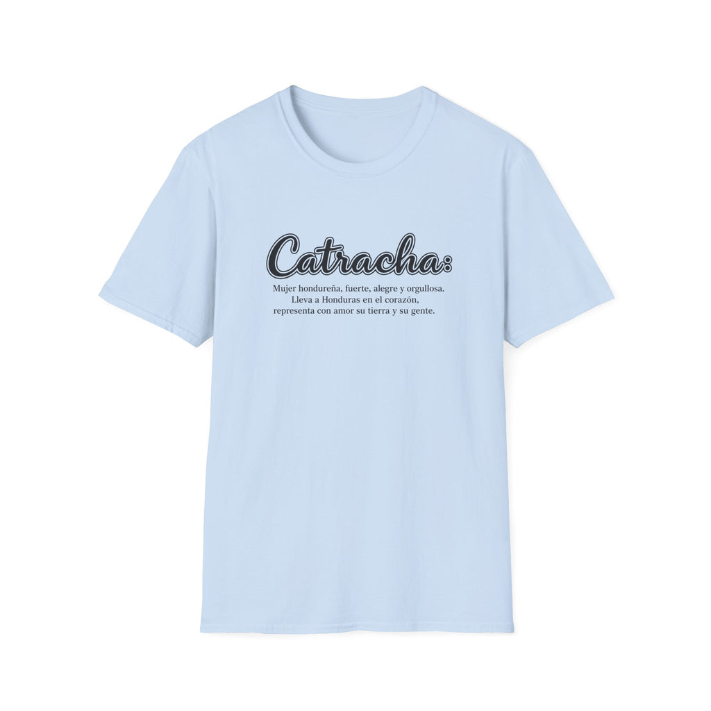 Light blue t-shirt with 'Catracha' text on a white background