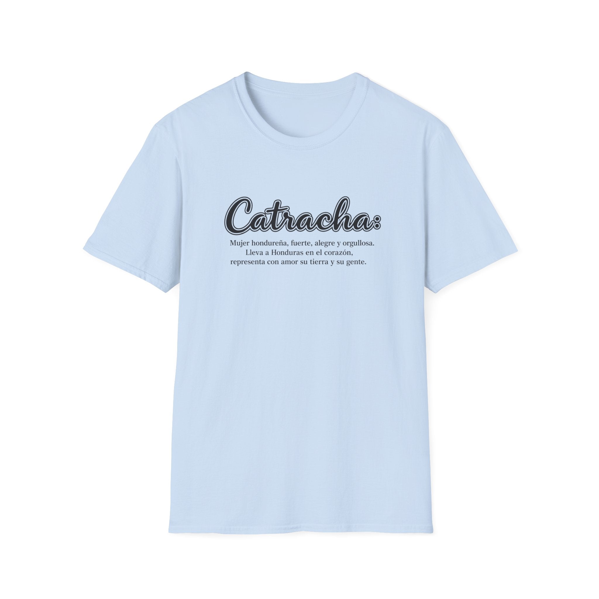 Light blue t-shirt with 'Catracha' text on a white background