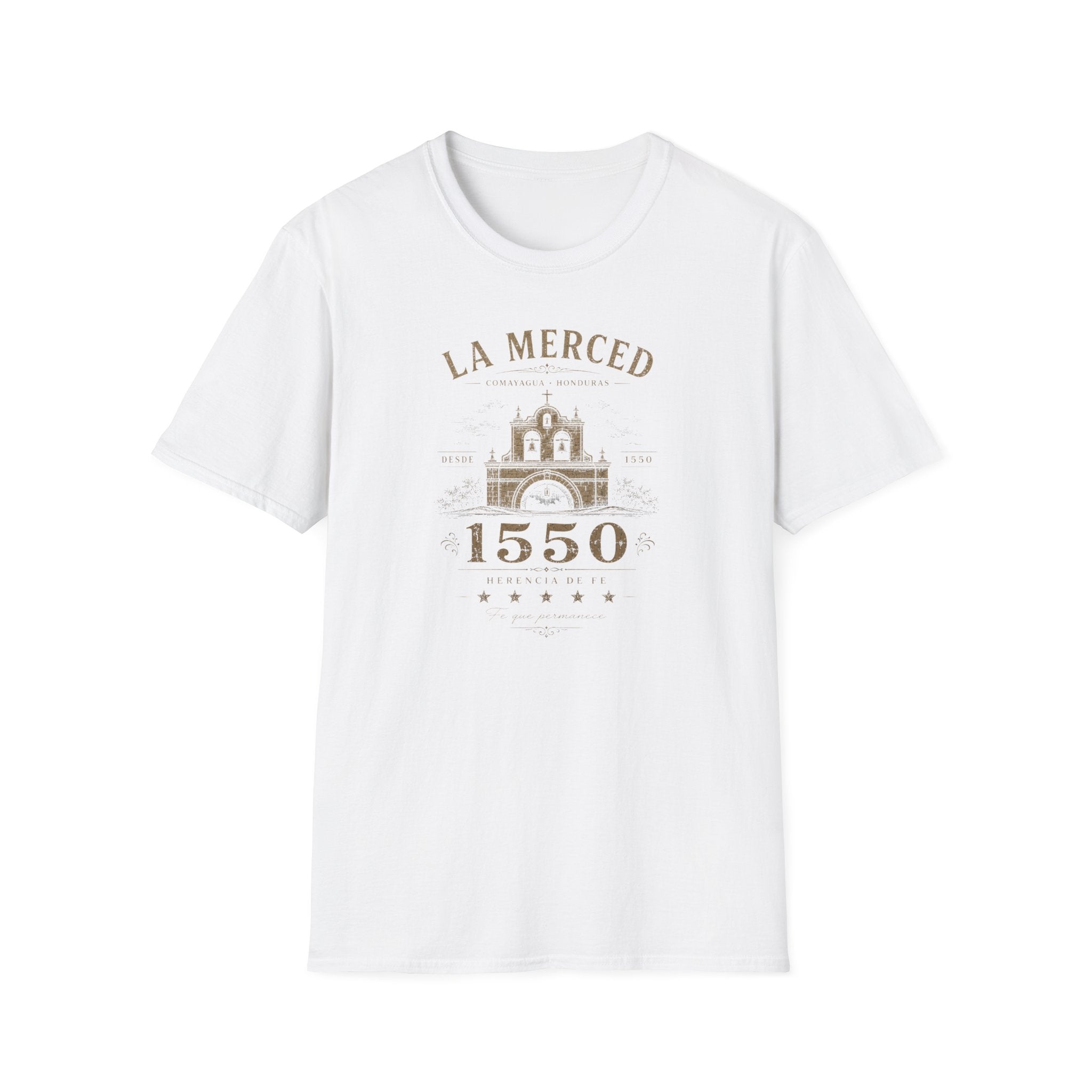 White t-shirt with 'La Merced Comayagua 1550' text on a white background