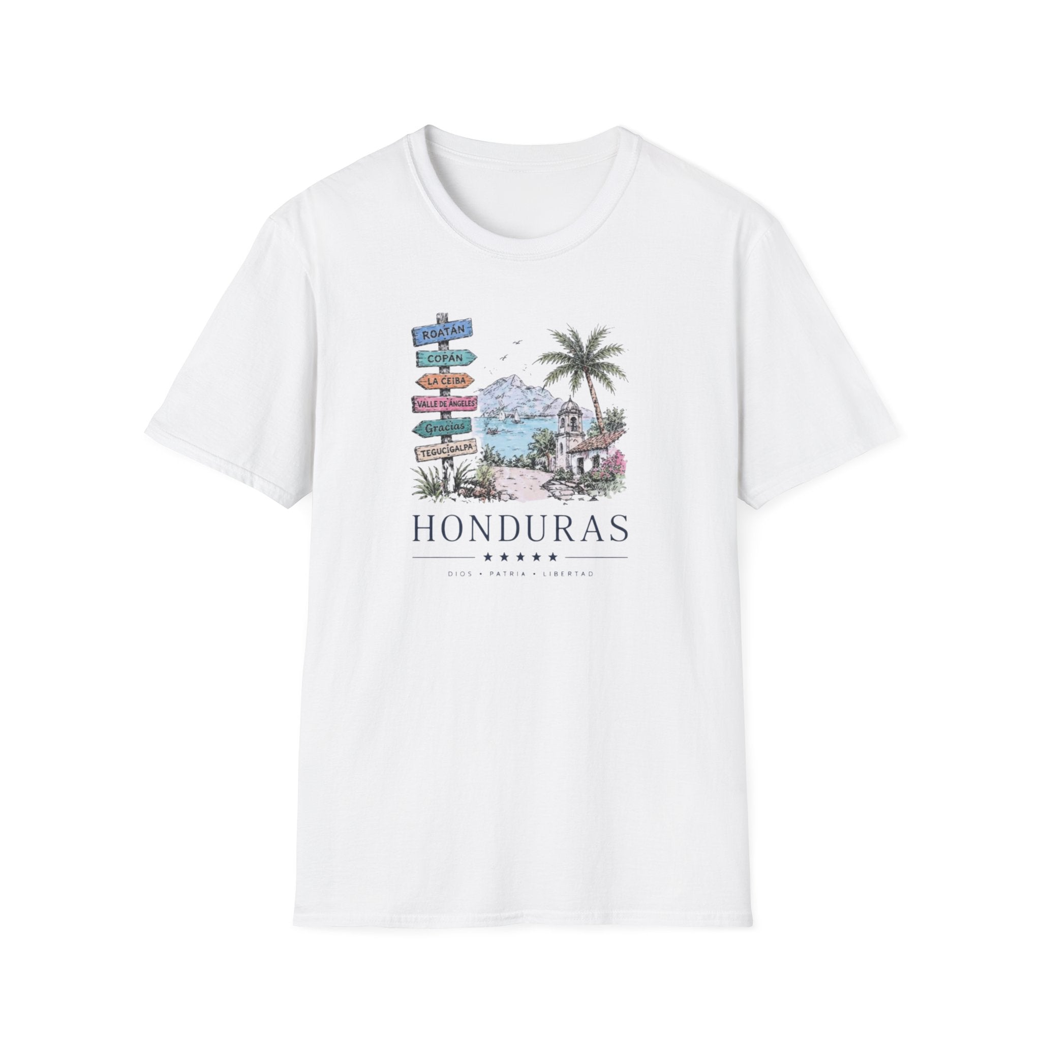 White t-shirt with 'Honduras' graphic design on a white background