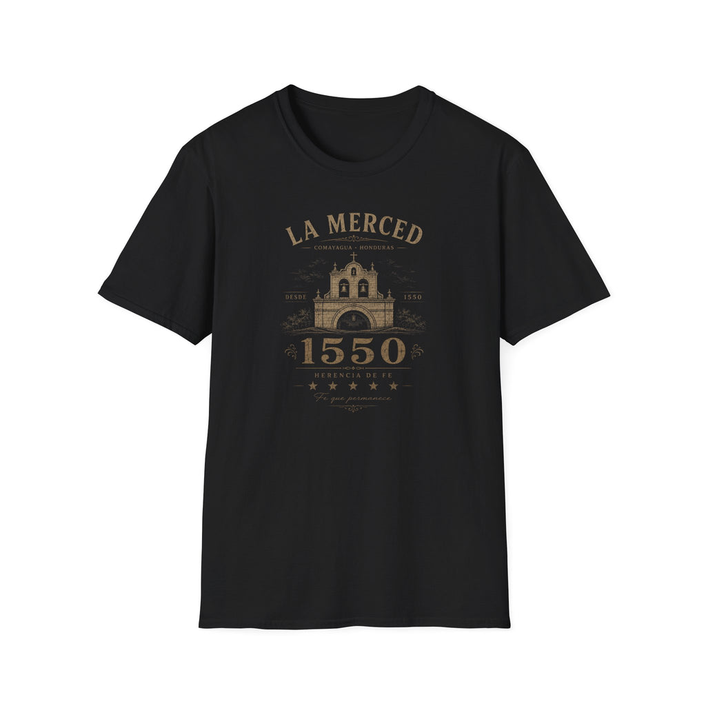 Black t-shirt with 'La Merced Comayagua 1550' text on a white background