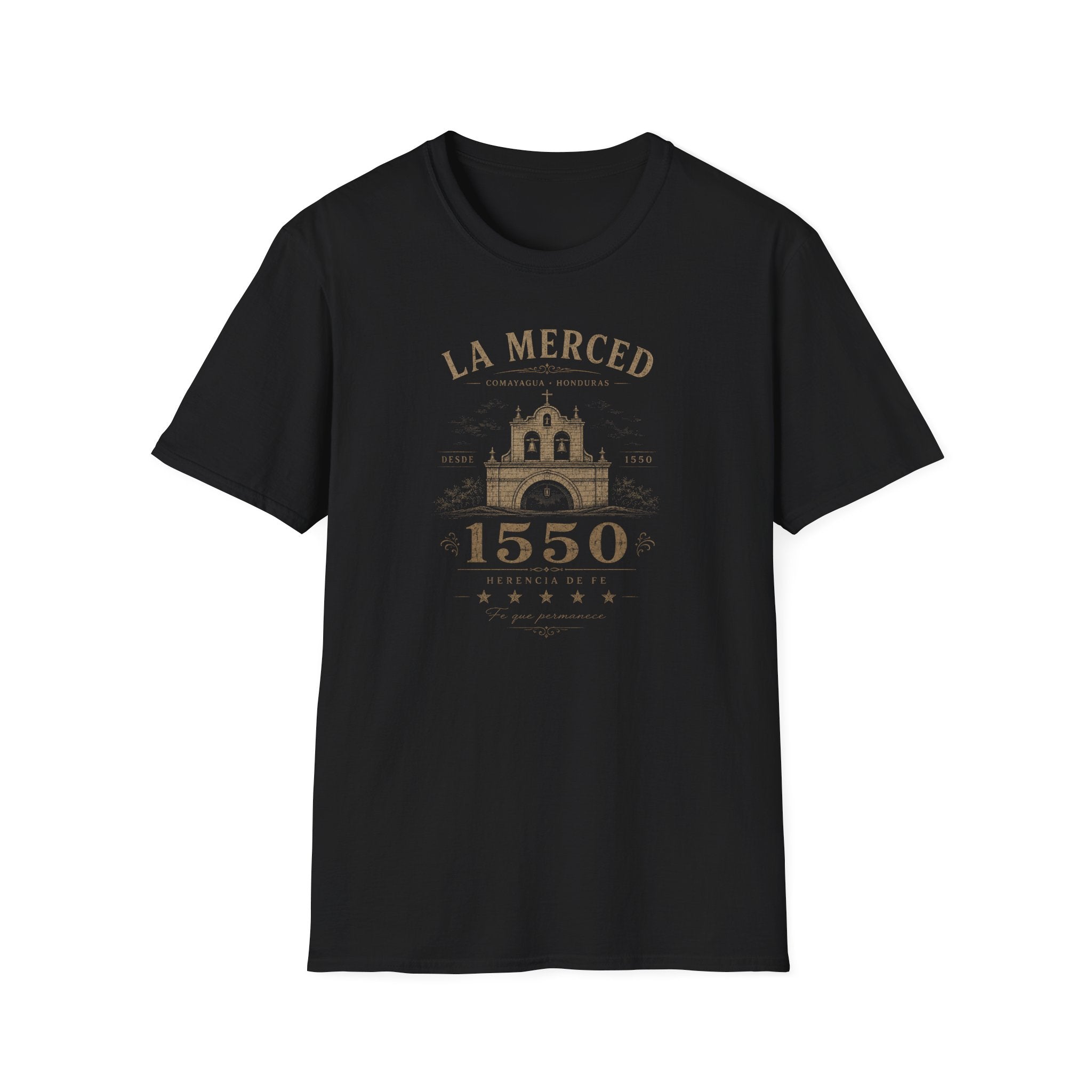 Black t-shirt with 'La Merced Comayagua 1550' text on a white background