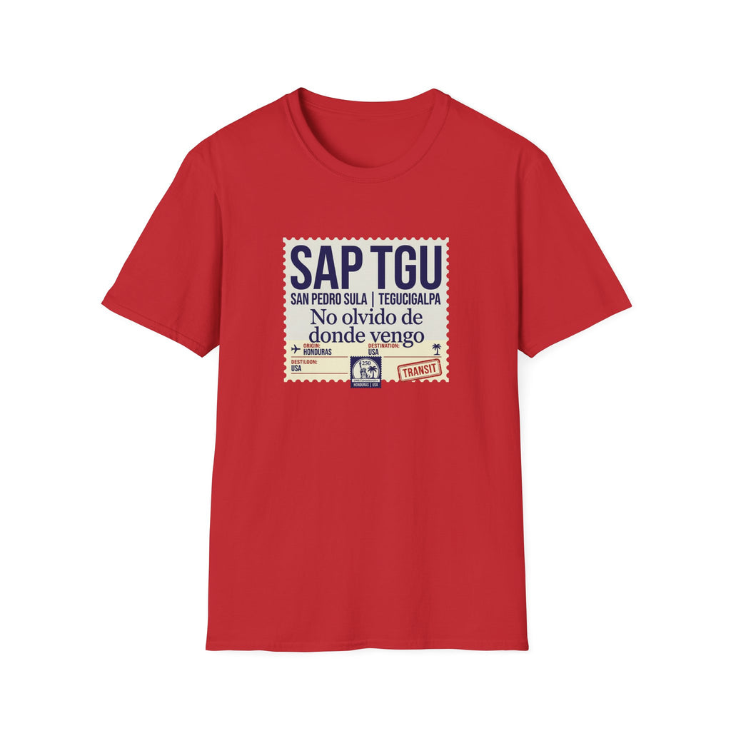 Red t-shirt with text 'San Pedro' and 'Honduras' text with a graphic design on a white background