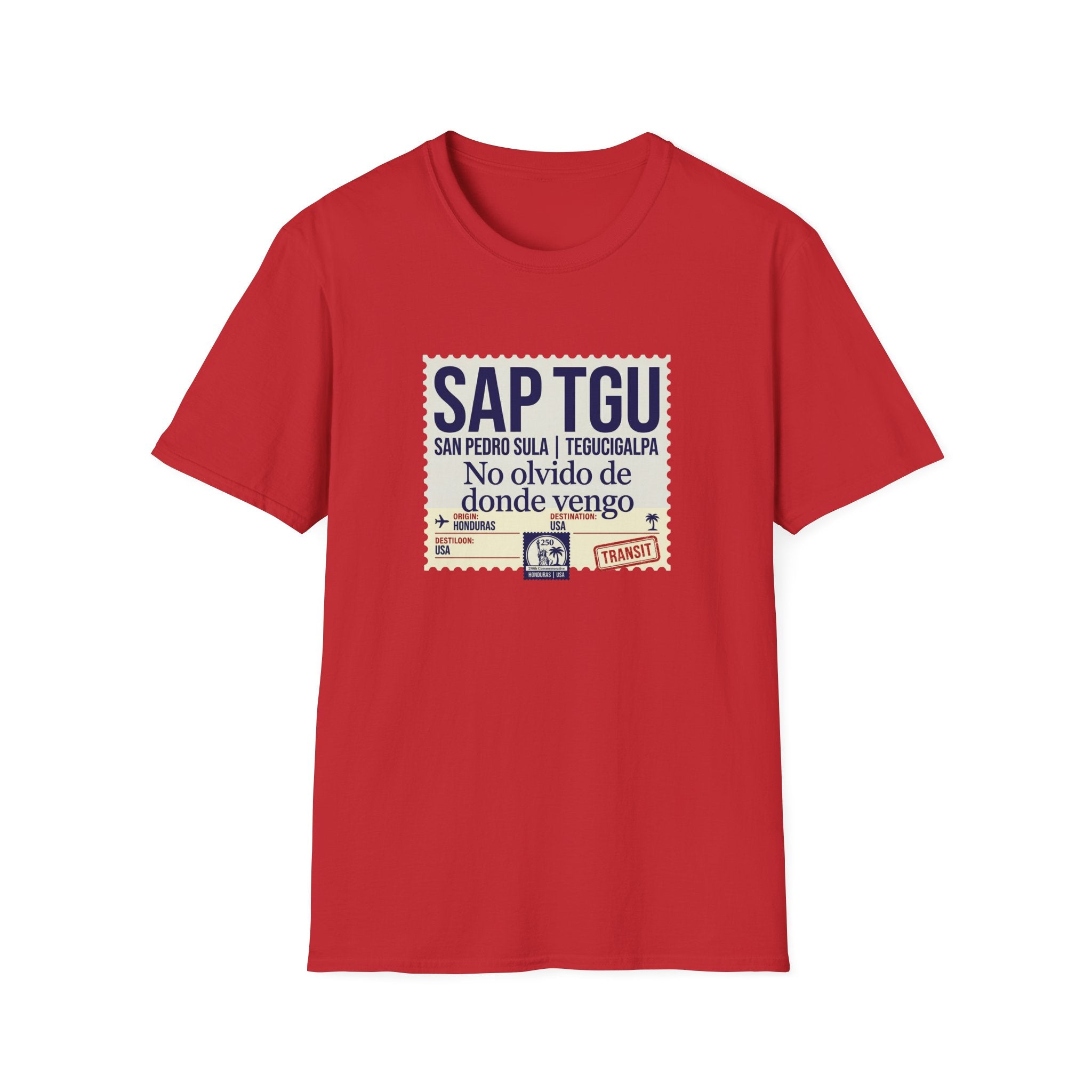 Red t-shirt with text 'San Pedro' and 'Honduras' text with a graphic design on a white background