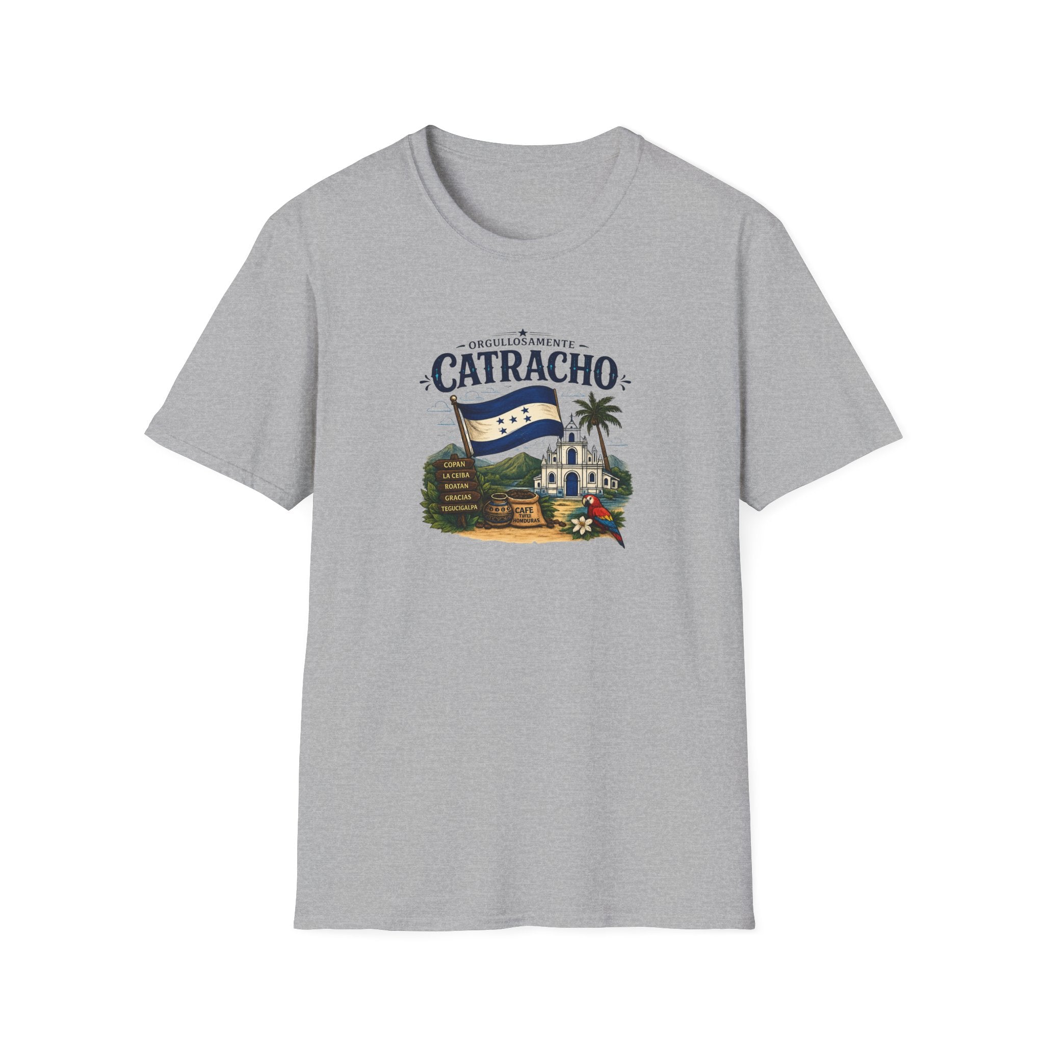 Gray t-shirt with 'Catracho' text on a white background
