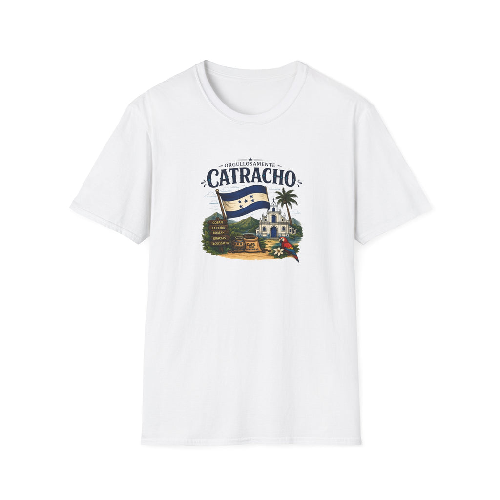 White t-shirt with 'Catracho' text on a white background