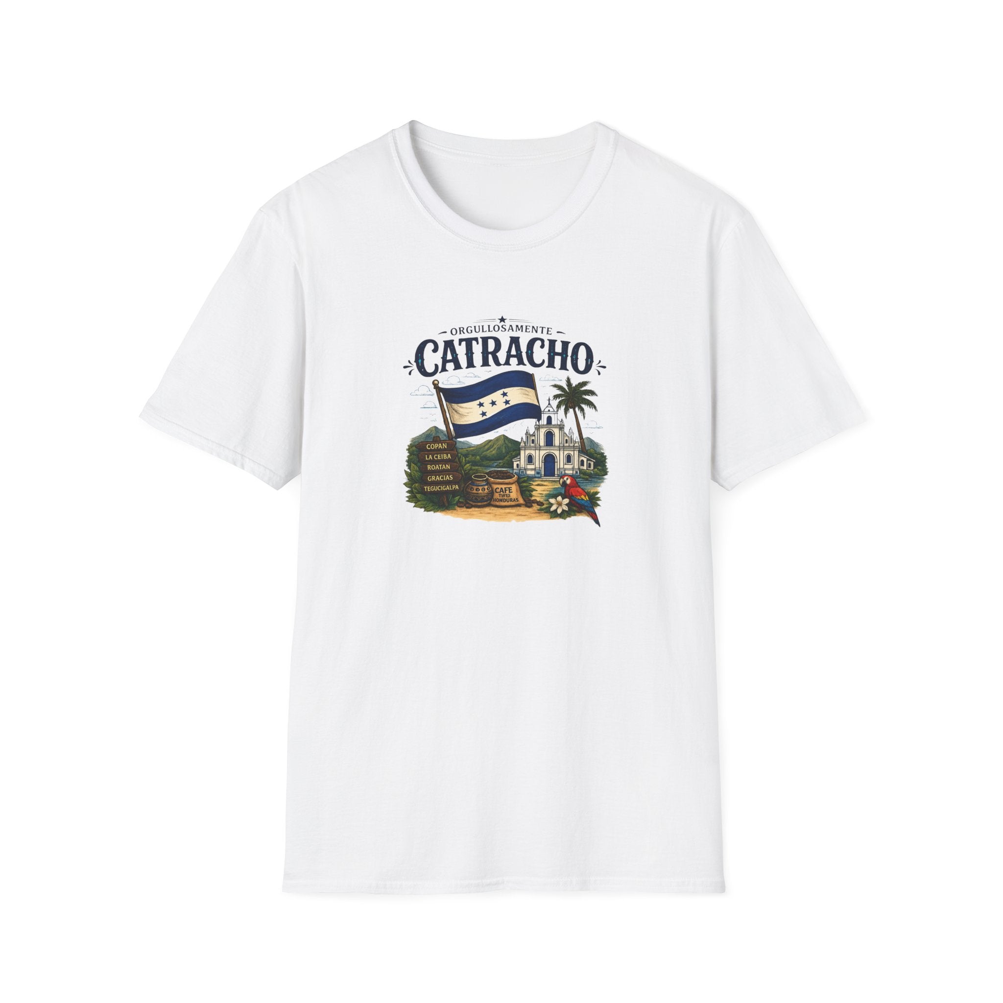 White t-shirt with 'Catracho' text on a white background