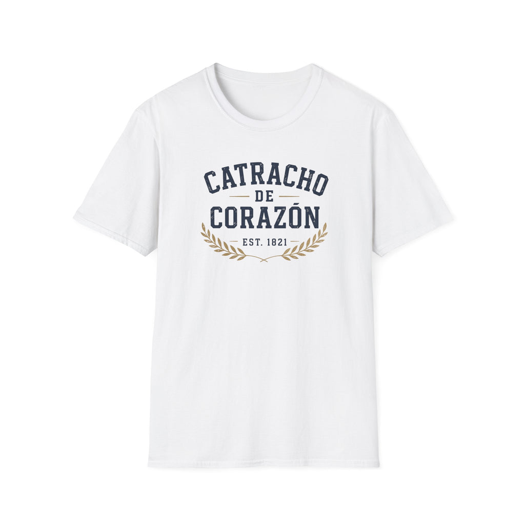 White t-shirt with 'Catracho de Corazon' text on a white background