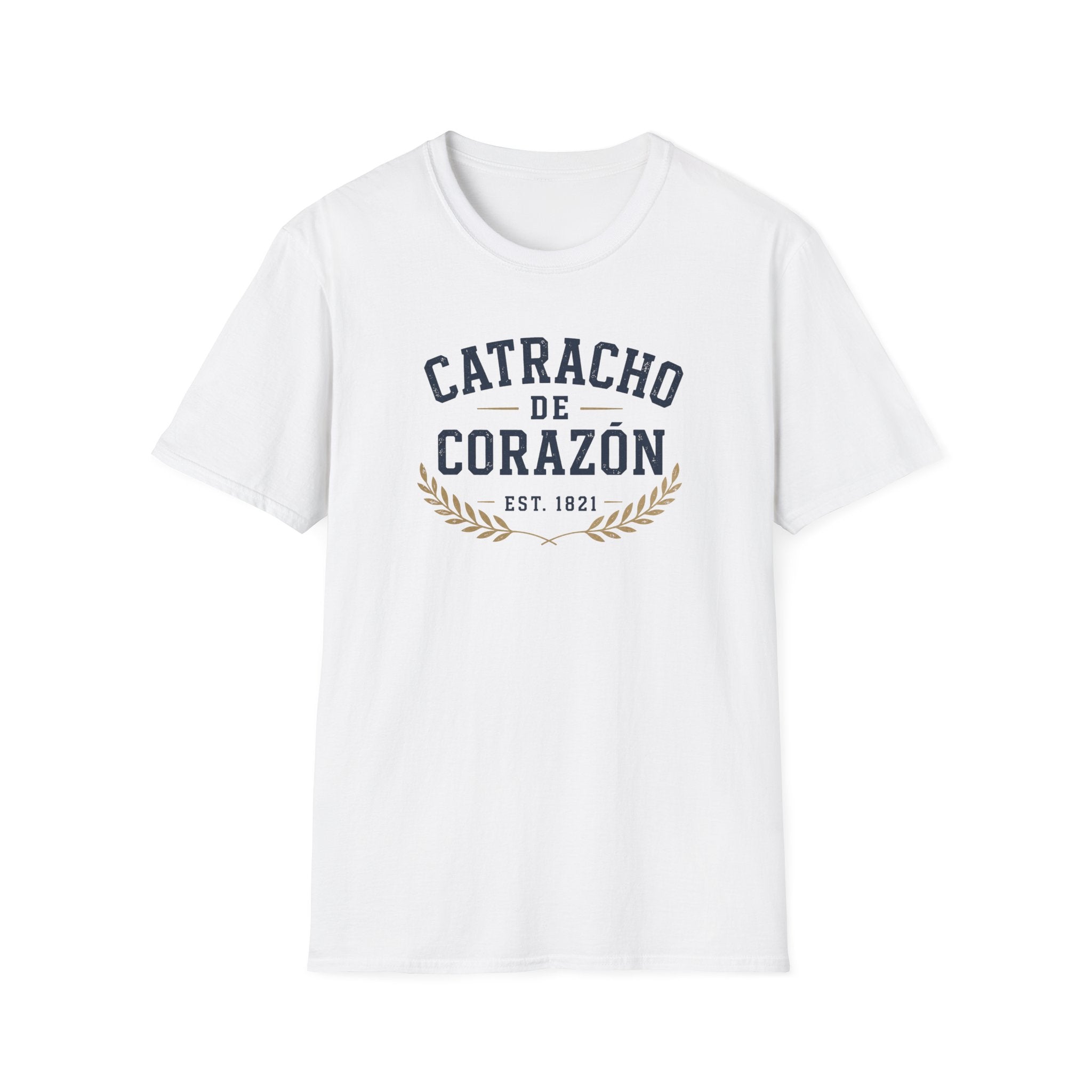 White t-shirt with 'Catracho de Corazon' text on a white background