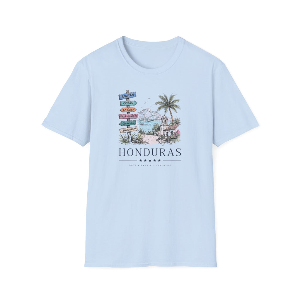 Light blue t-shirt with 'Honduras' graphic design on a white background