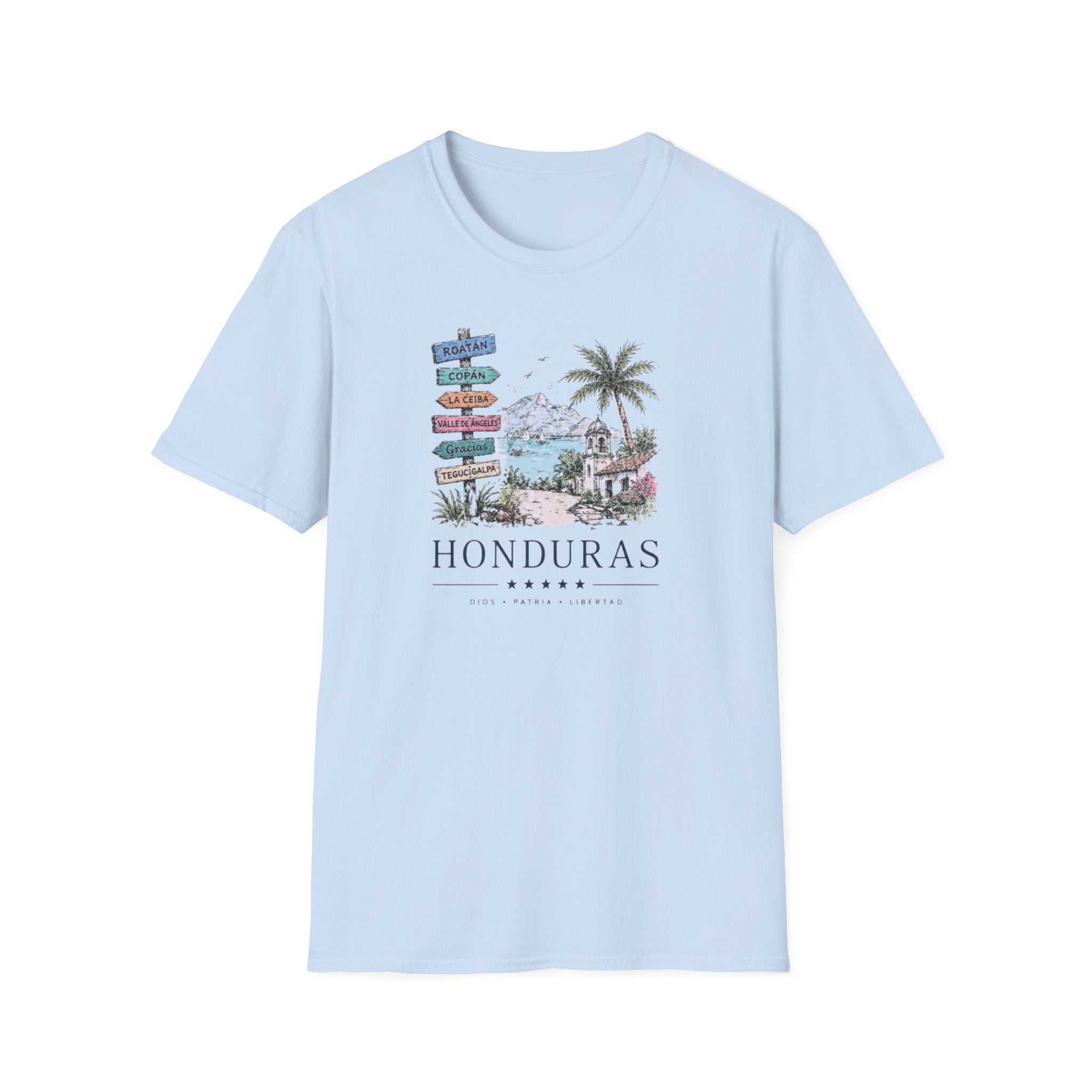 Light blue t-shirt with 'Honduras' graphic design on a white background