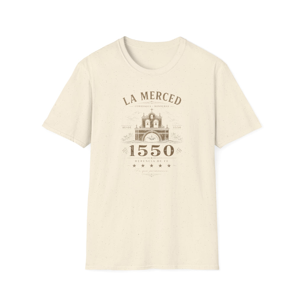 Beige t-shirt with 'La Merced Comayagua 1550' text on a white background