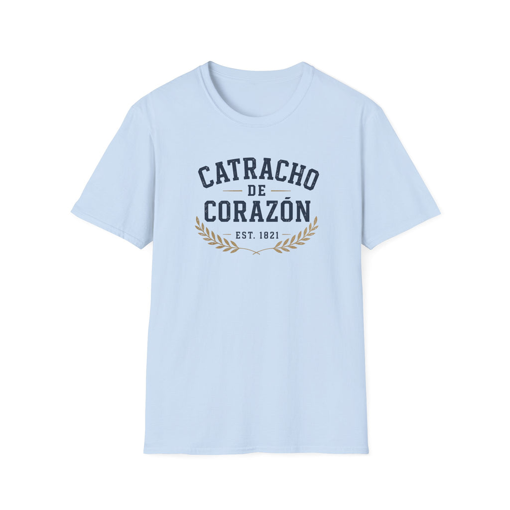 Light blue t-shirt with 'Catracho de Corazon' text on a white background