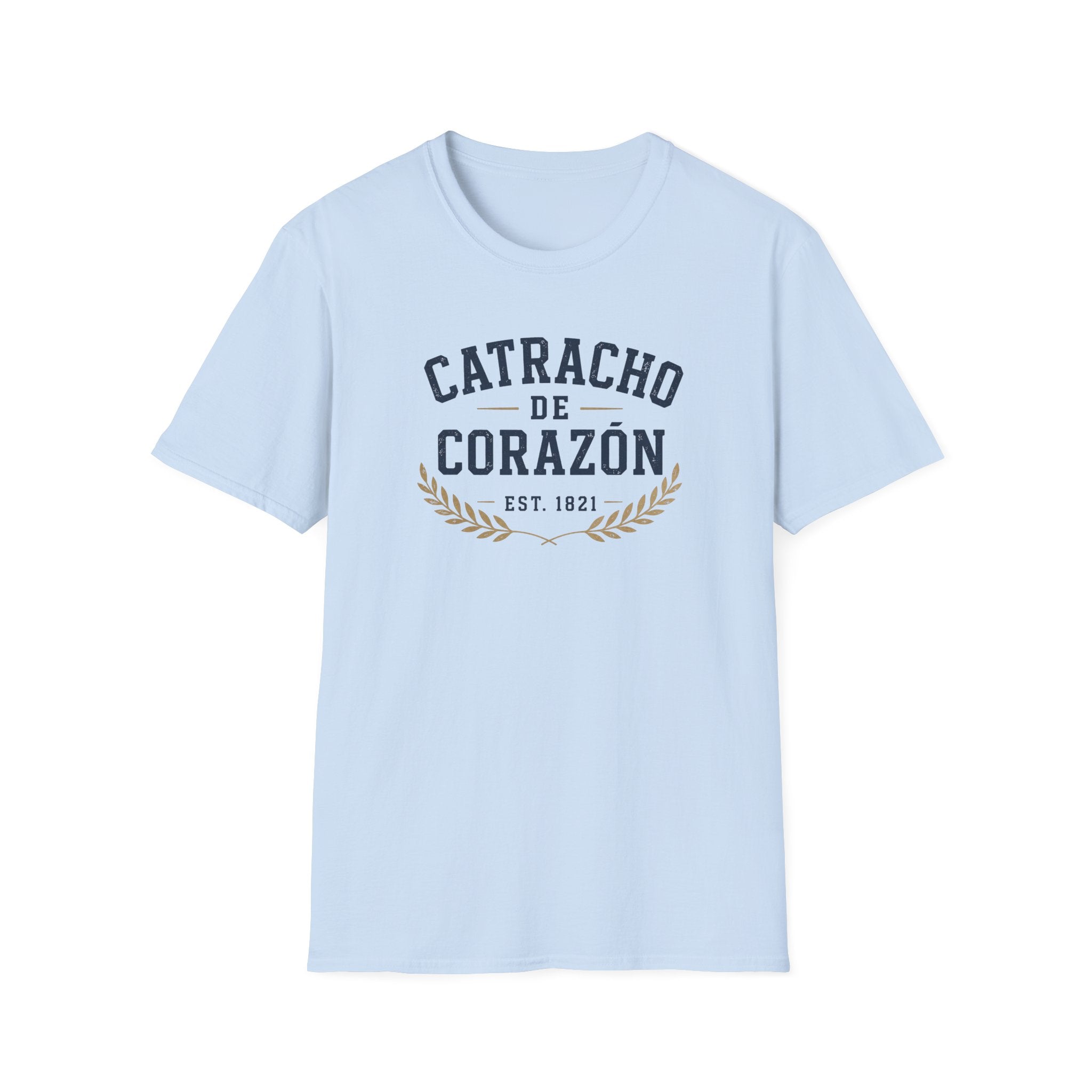 Light blue t-shirt with 'Catracho de Corazon' text on a white background