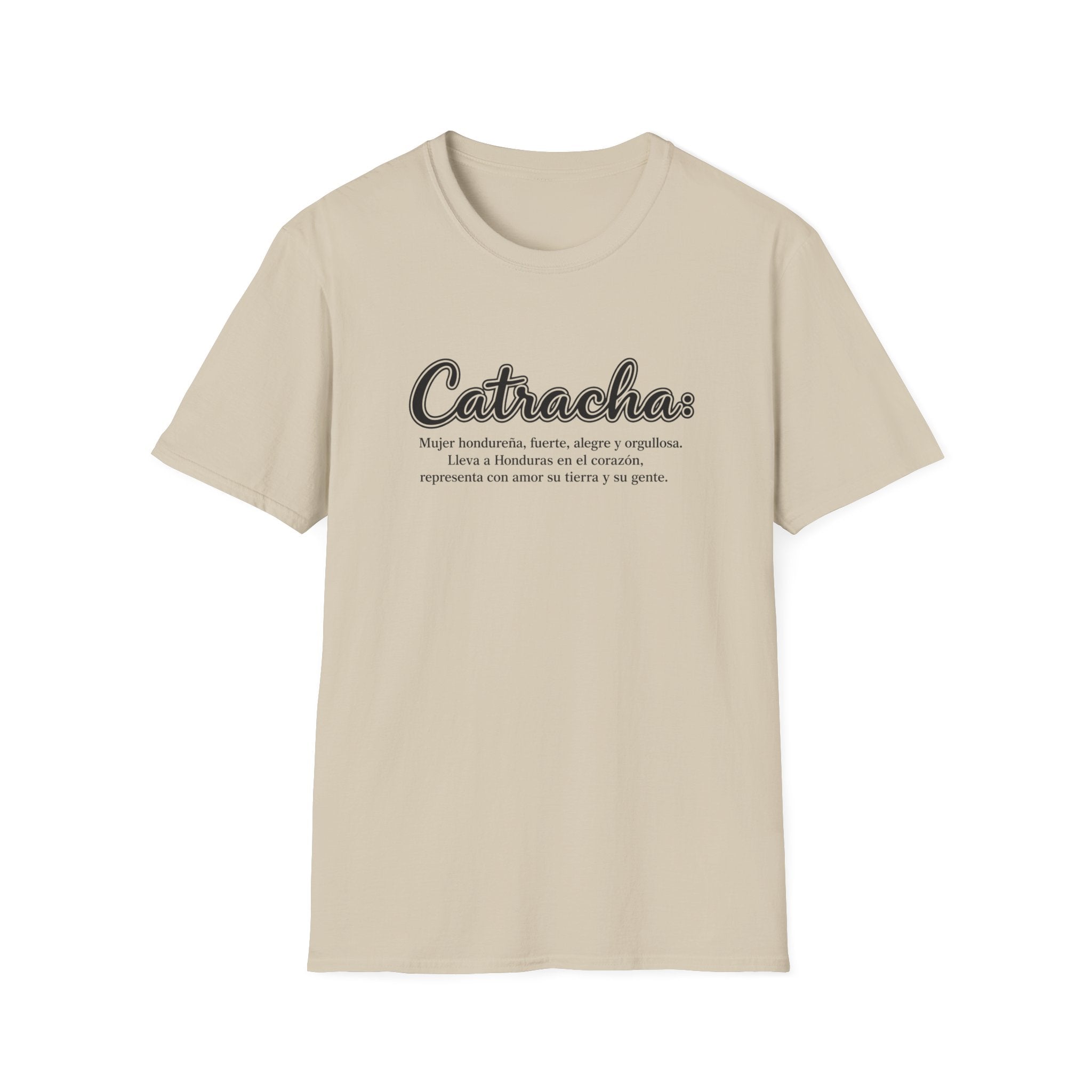 Beige t-shirt with 'Catracha' text on a white background