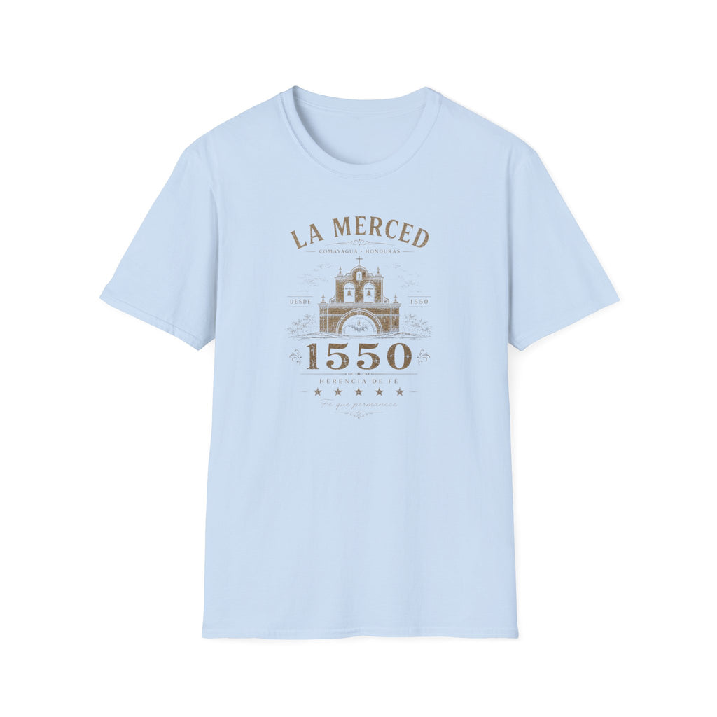 Light blue t-shirt with 'La Merced Comayagua 1550' text on a white background