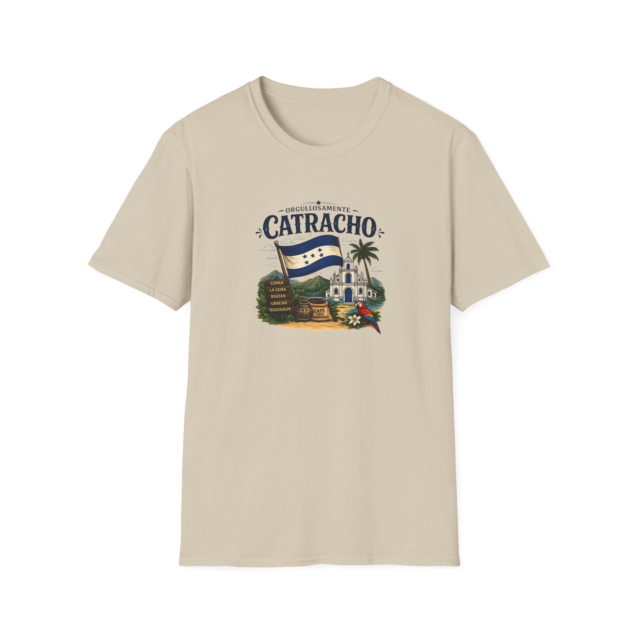 Beige t-shirt with 'Catracho' text on a white background