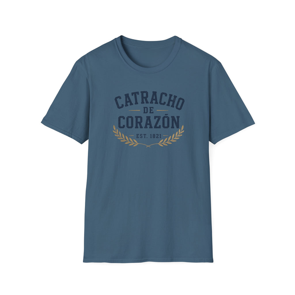 Blue t-shirt with 'Catracho de Corazon' text on a white background