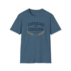 Blue t-shirt with 'Catracho de Corazon' text on a white background