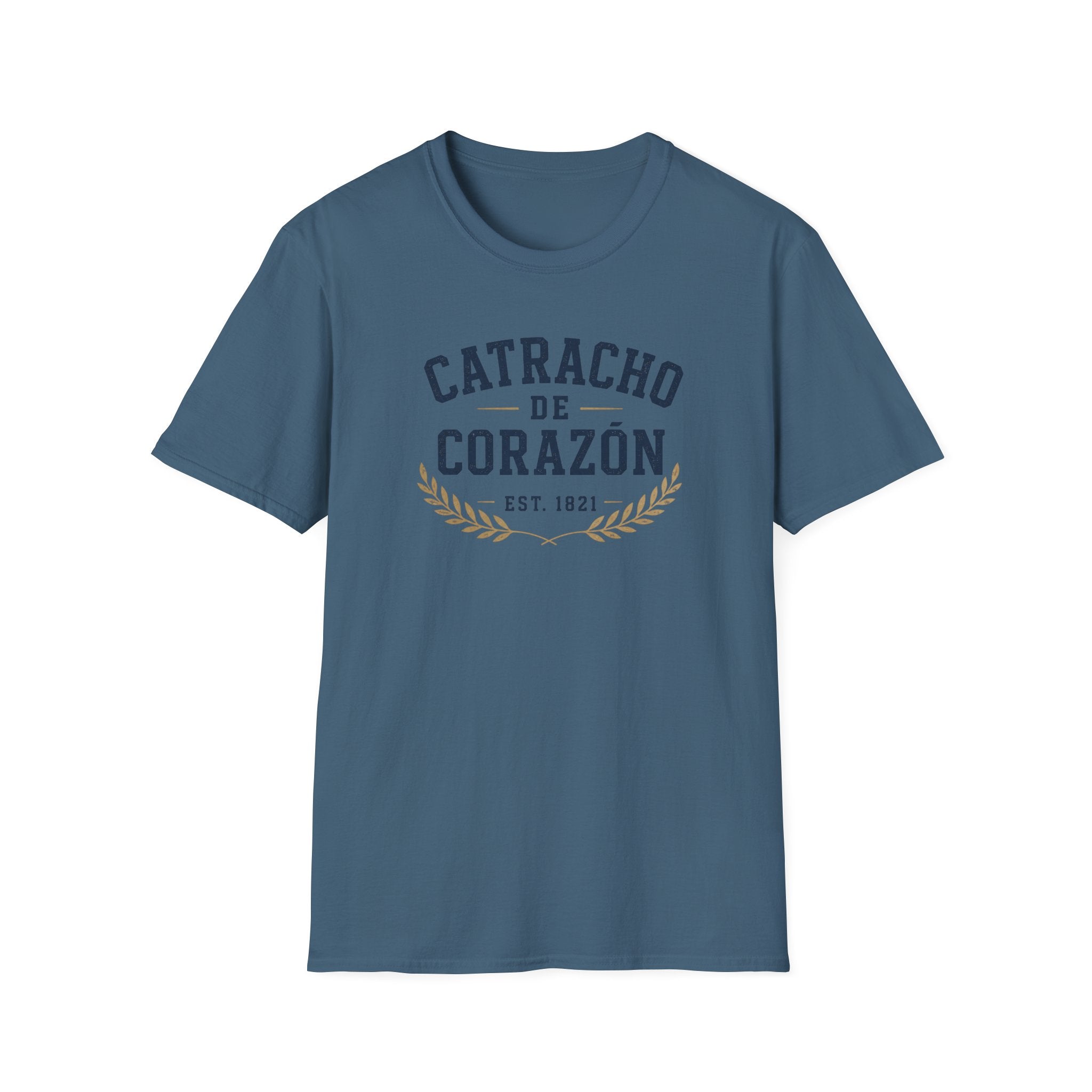 Blue t-shirt with 'Catracho de Corazon' text on a white background