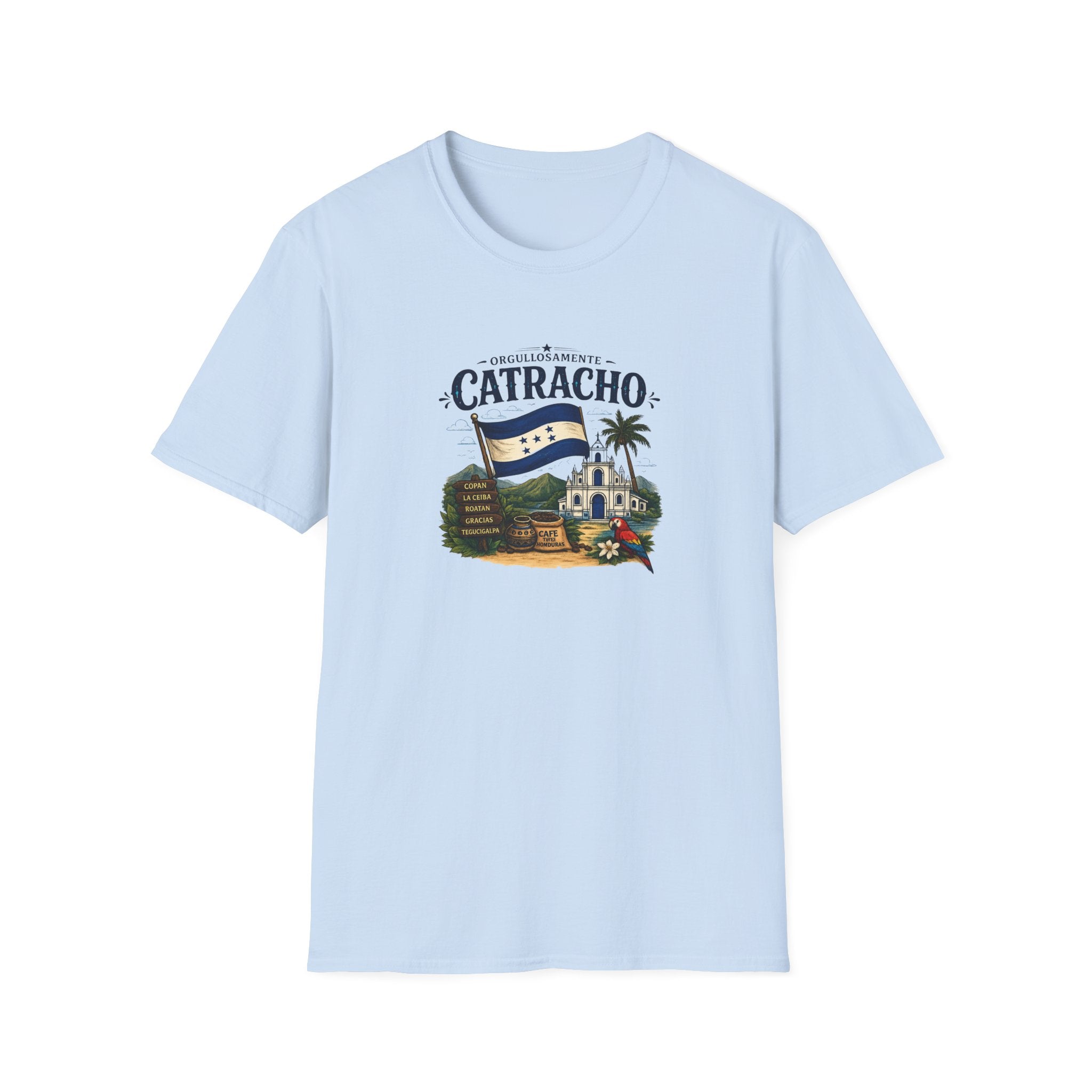 Light blue t-shirt with 'Catracho' text on a white background