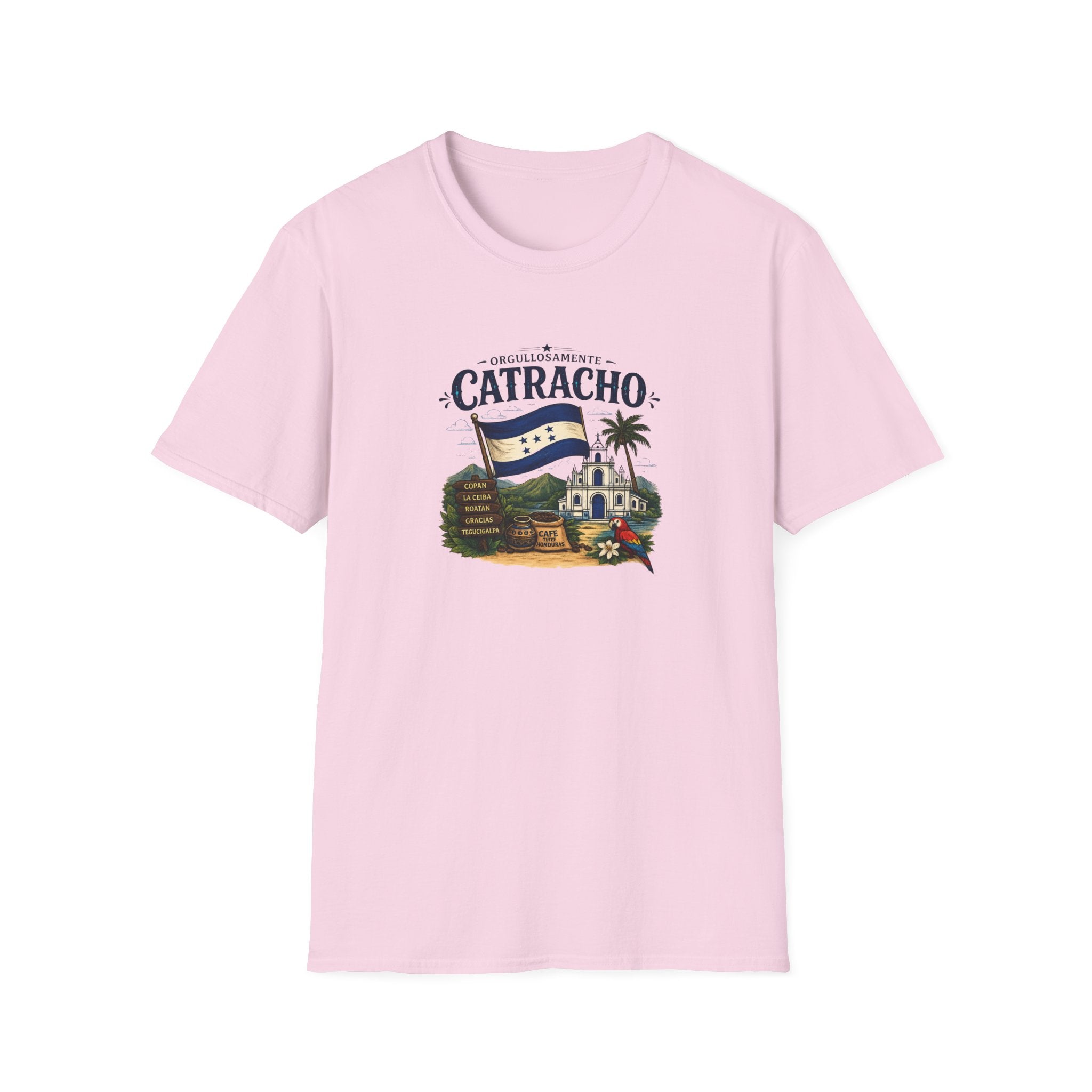 Pink t-shirt with 'Catracho' text on a white background