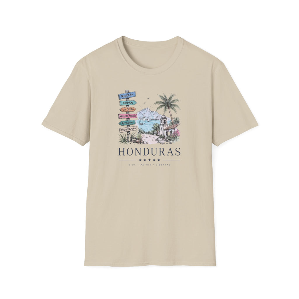 Beige t-shirt with 'Honduras' graphic design on a white background