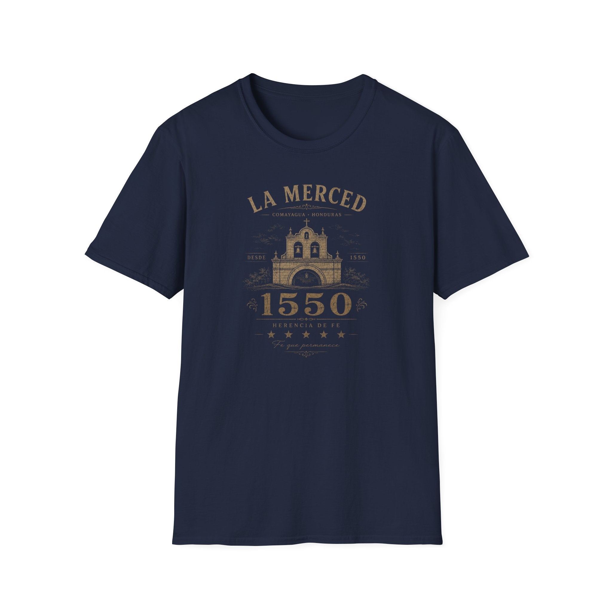 Navy blue t-shirt with 'La Merced Comayagua 1550' text on a white background
