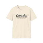Beige t-shirt with 'Catracha' text on a white background