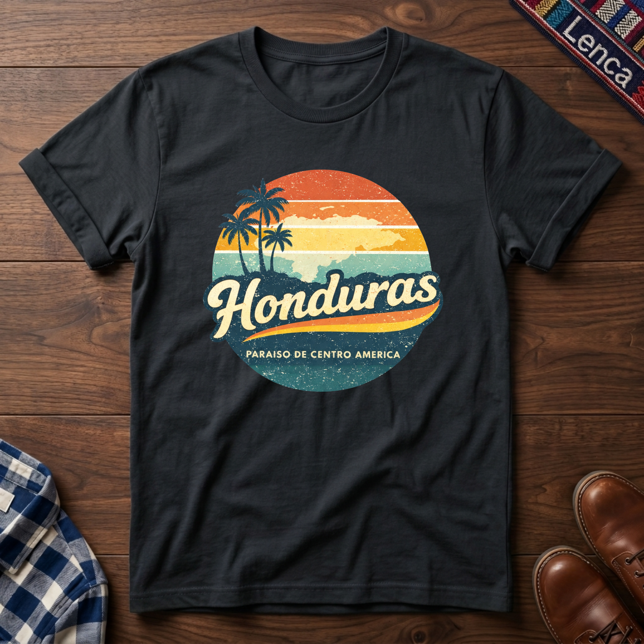Black t-shirt with 'Honduras' text graphic design on a wooden surface