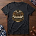 Black t-shirt with 'Honduras Smoke Legacy' graphic on a wooden surface.