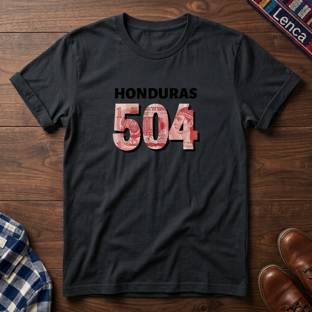 A black t-shirt laid flat on a wooden surface, featuring the text 'HONDURAS 504' printed on the chest. The numbers '504' are filled with a red, white, and blue pattern resembling the Honduran Lempira, while 'HONDURAS' is printed in black.