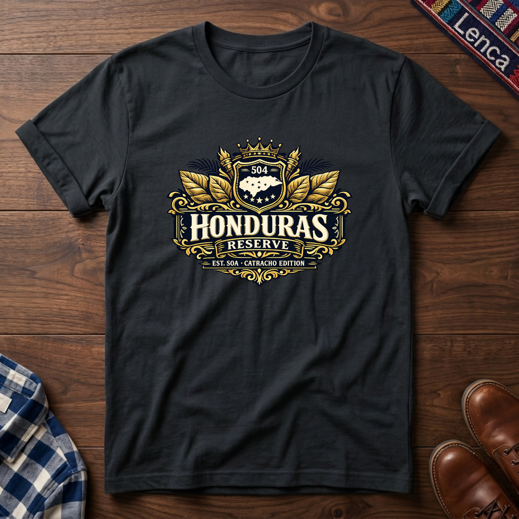 Black t-shirt with a 'Honduras Reserve' graphic design on a wooden surface.