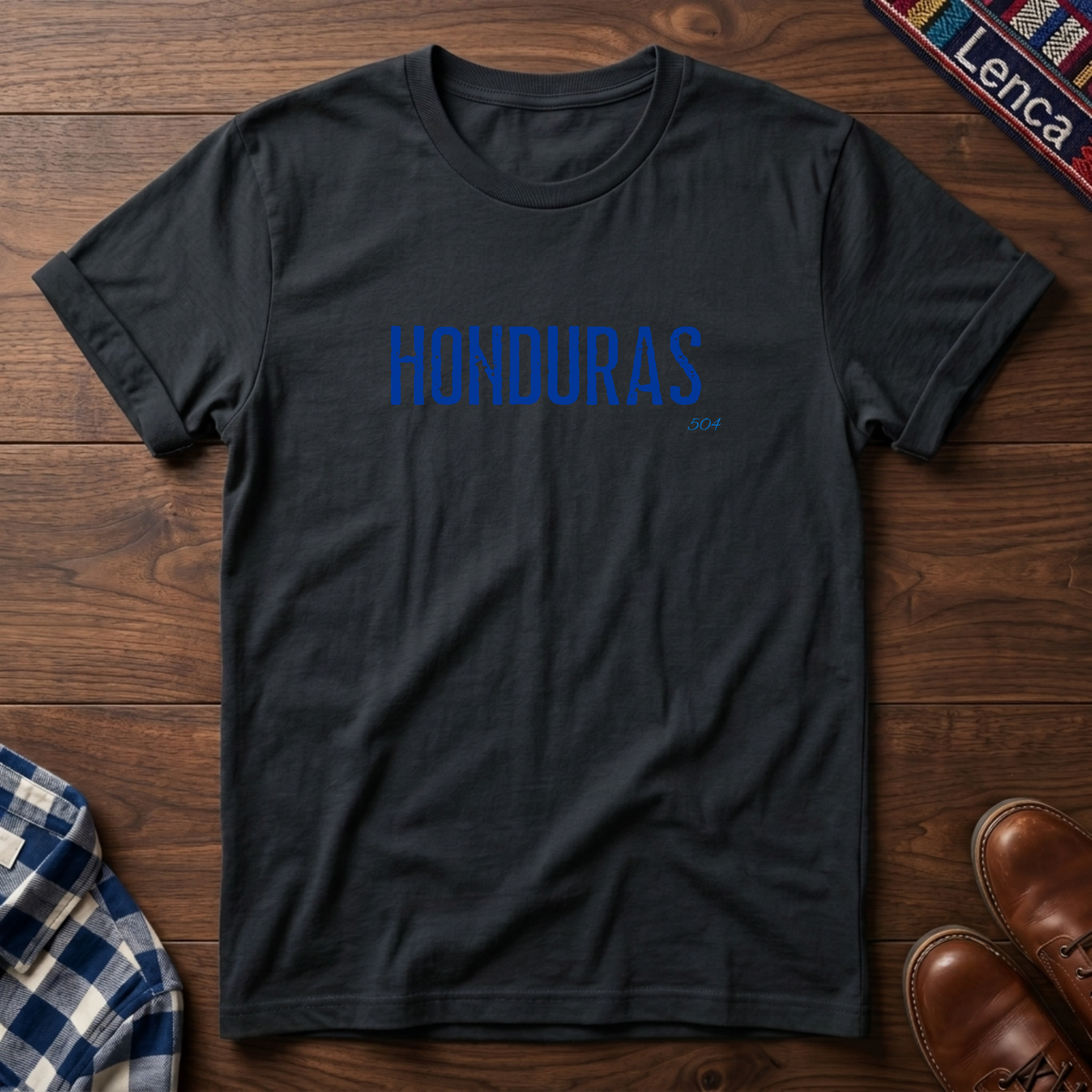 A black crewneck t-shirt with 'HONDURAS' printed in blue block letters across the chest.