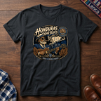 Black t-shirt with 'Honduras Cigar Blues' graphic on a wooden surface.