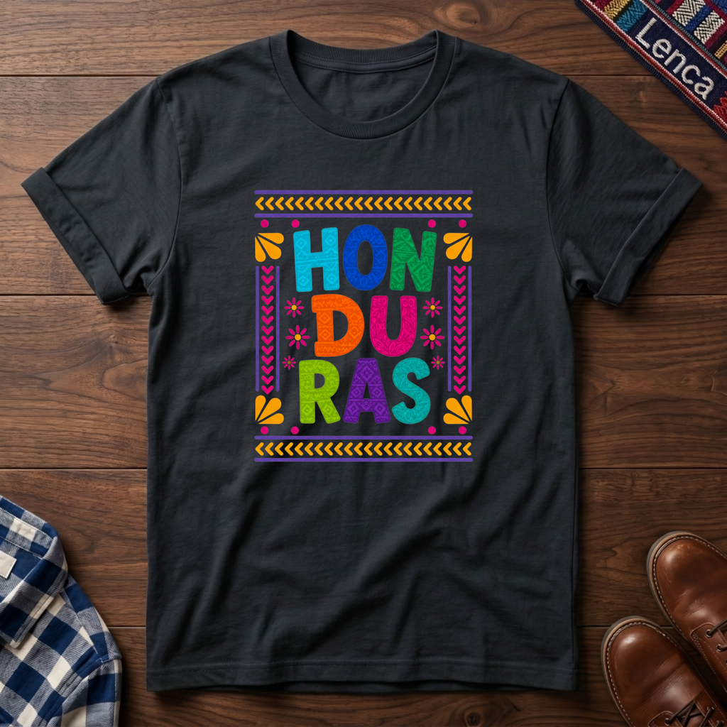Black t-shirt with colorful 'Honduras' text on a wooden surface.