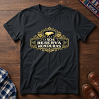 Black t-shirt with 'La 504 Reserva Honduras' graphic design on a wooden surface.