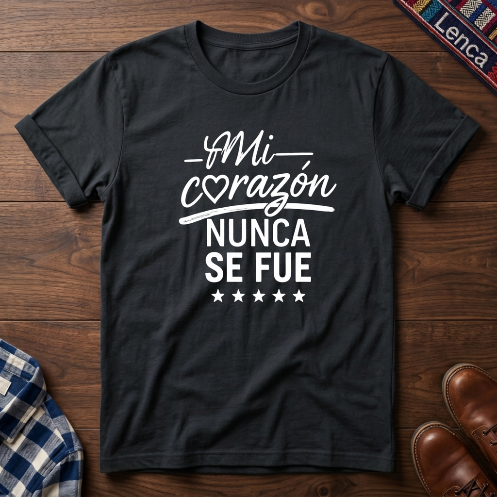 Black t-shirt with white 'Mi Corazon Nunca' text on a wooden surface.