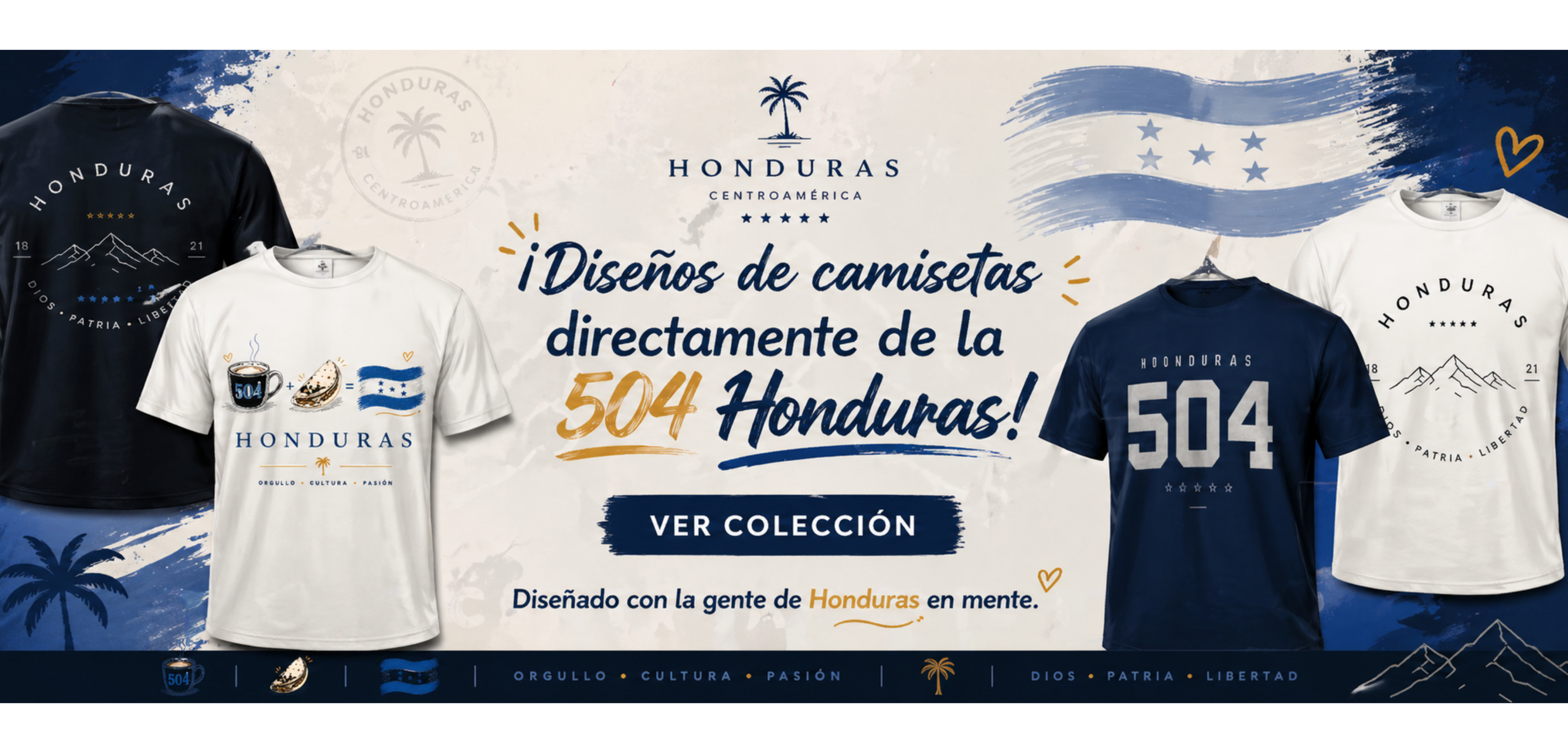 Collection of Honduras-themed t-shirts with designs inspired by the 504 Honduras, displayed against a colorful background.