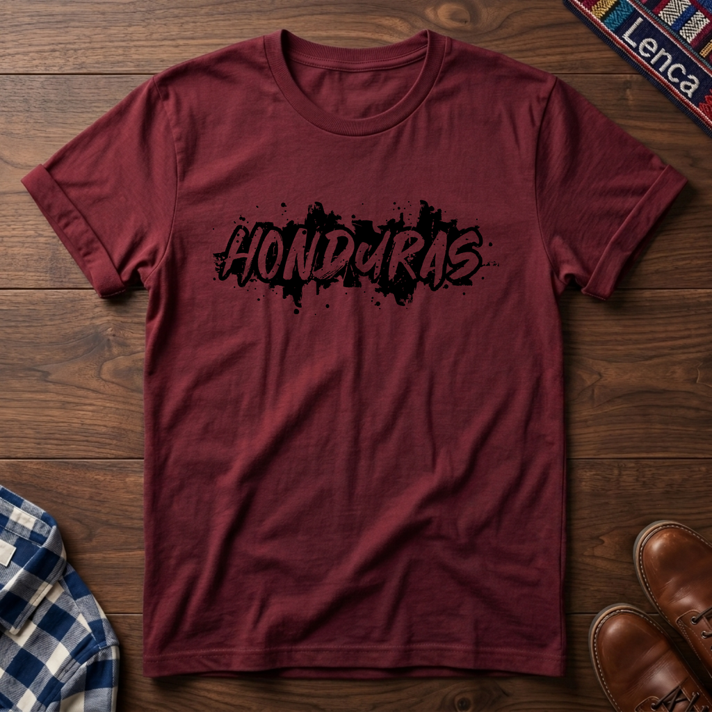 Cherry red t-shirt with 'Honduras' print on a wooden surface