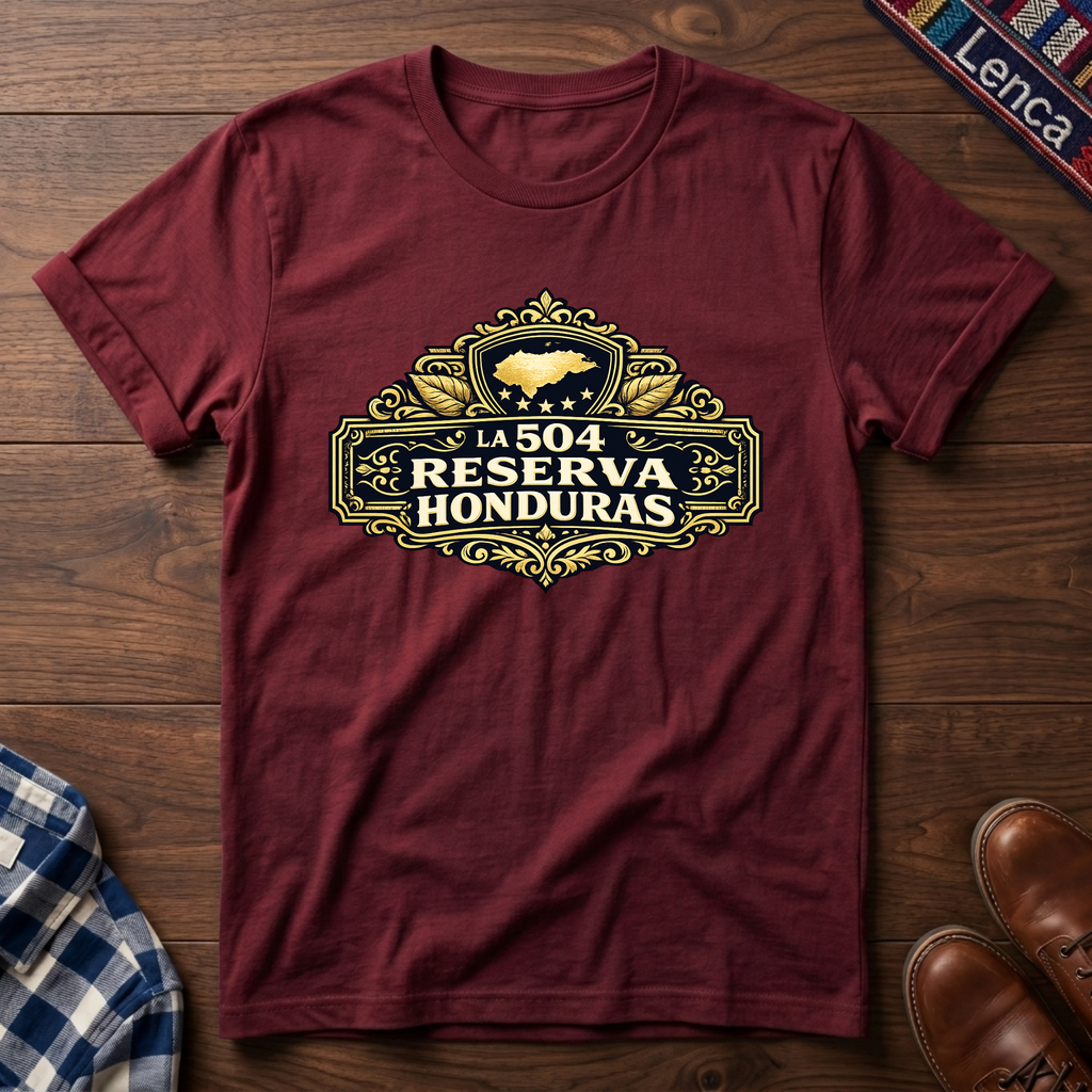 Cherry red t-shirt with 'La 504 Reserva Honduras' graphic design on a wooden surface.